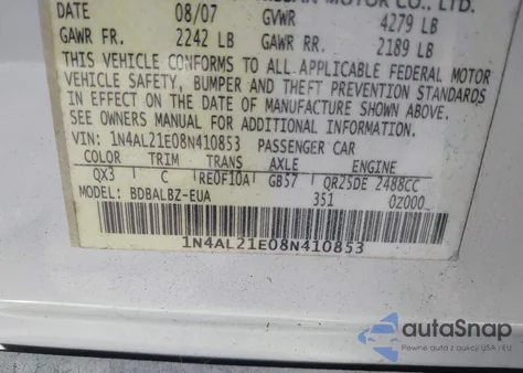 2008 Nissan Altima 2.5 S z USA, uszkodzony, nr VIN 1N4AL21E08N410853